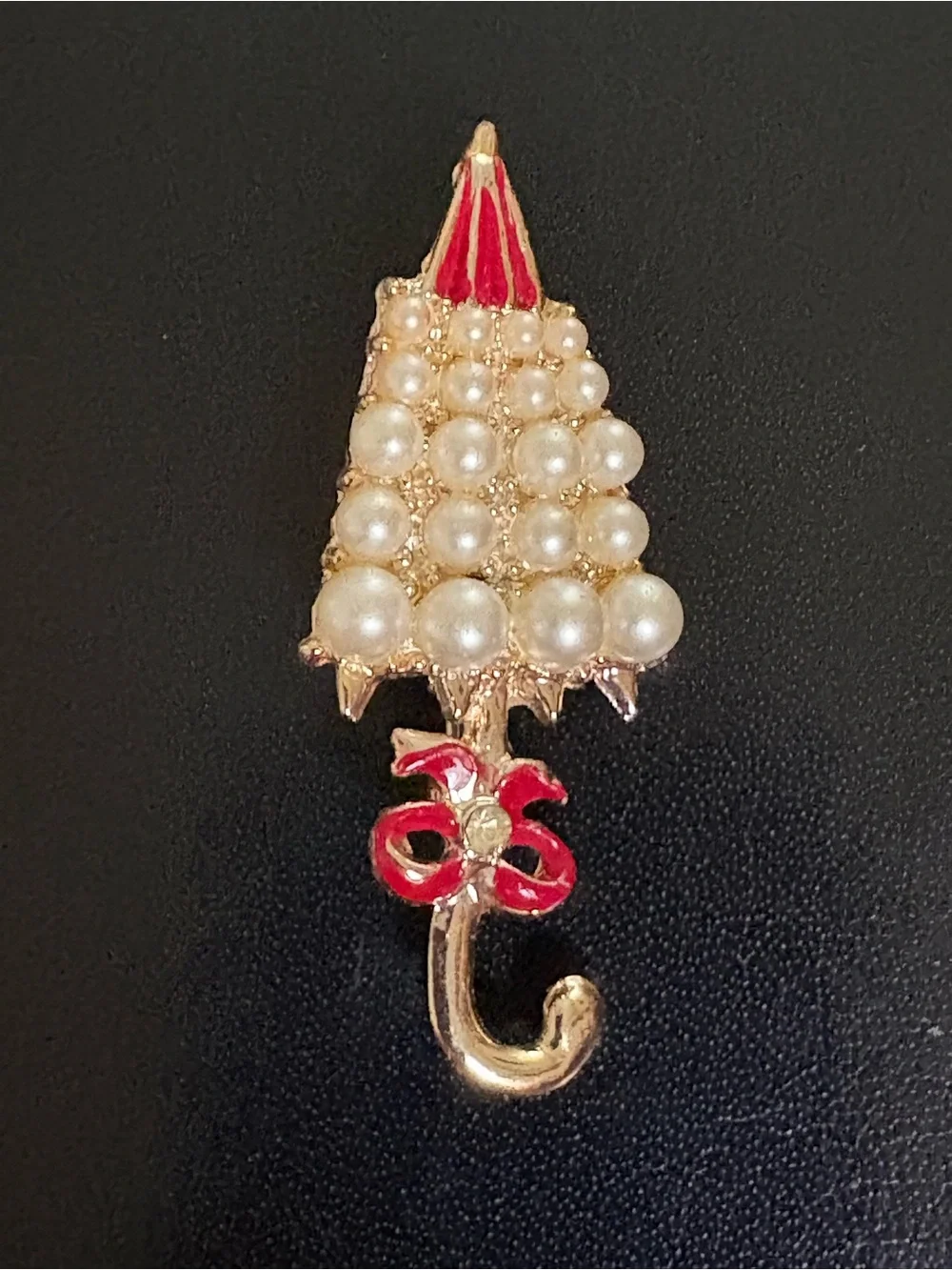 Vintage Gold Tone Faux Pearl Red Enamel Umbrella Brooch Fashion Jewelry